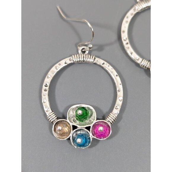 Boho Hoop Earrings Silver Tone Multicolor Dangle Drop Festival Hammered - Picture 3 of 6